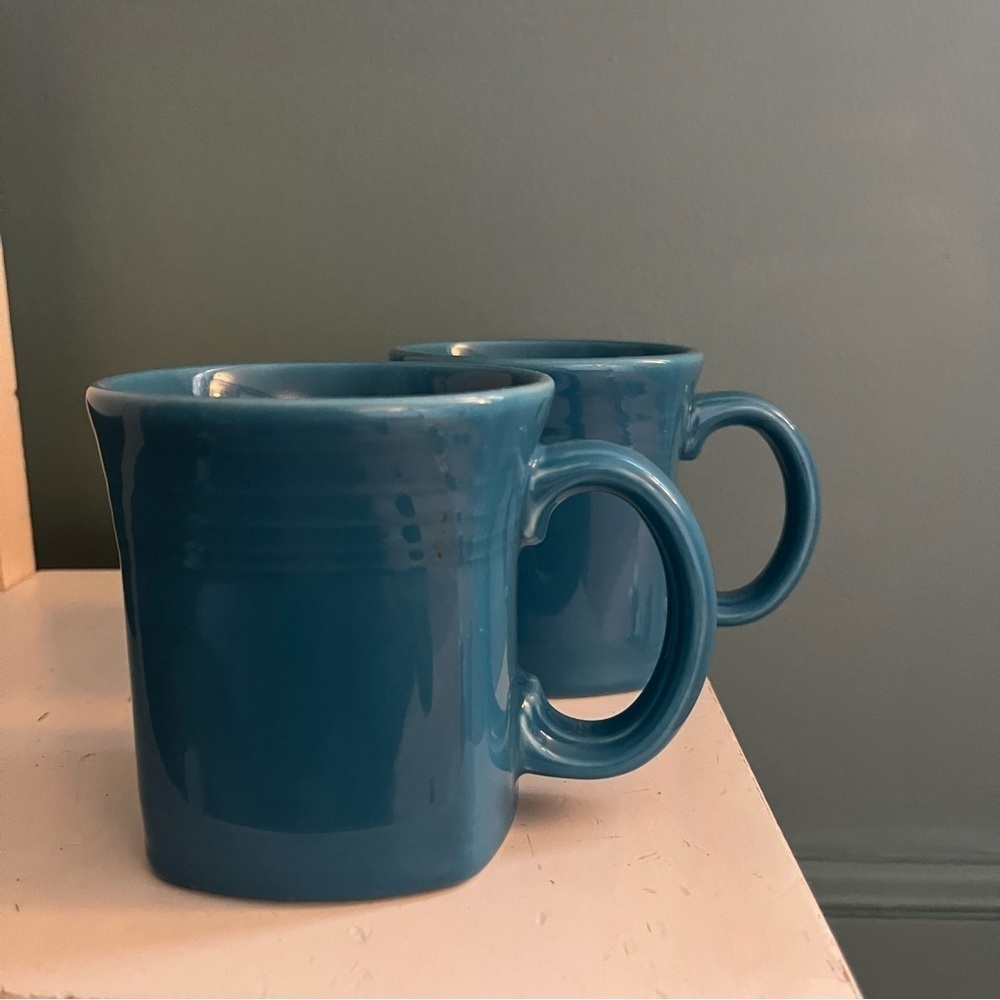 Fiesta Square Mugs (2), Made in USA, Vintage. Peacock Blue